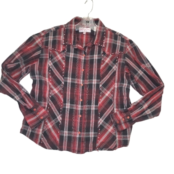 Panhandle Slim red plaid snap front shirt with rhinestone metallic detail - Picture 3 of 7